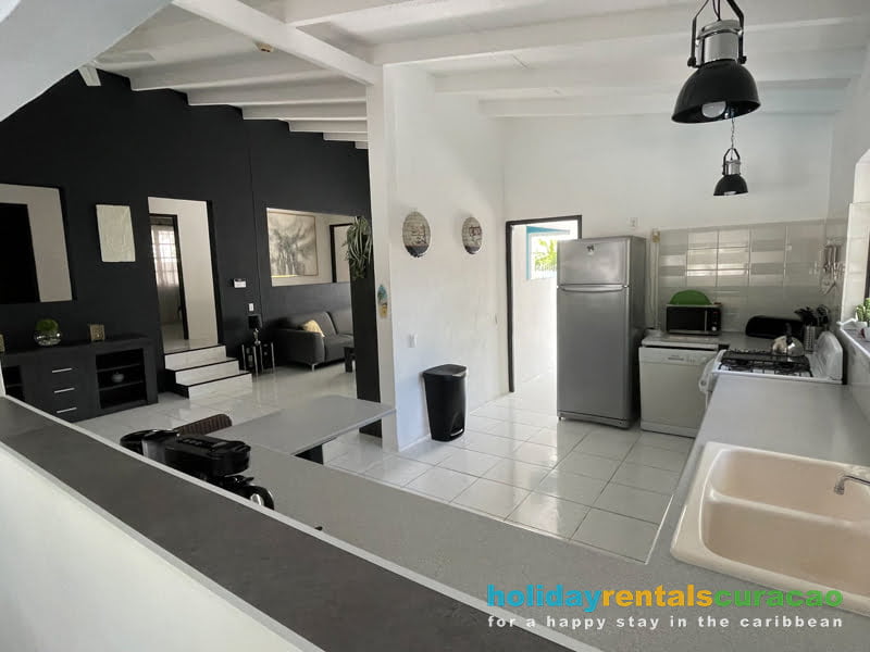 Fully equipped kitchen with large fridge and dishwasher